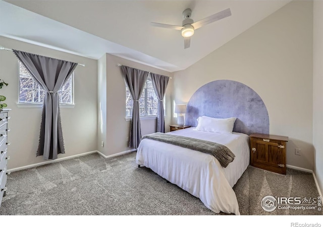 bedroom featuring vaulted ceiling, carpet, a ceiling fan, and baseboards