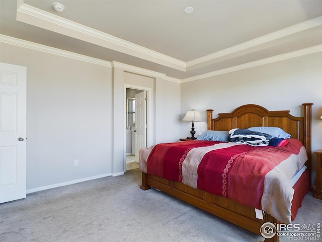 bedroom featuring crown molding, baseboards, a raised ceiling, and light colored carpet