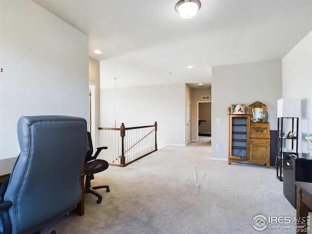 office area featuring baseboards, recessed lighting, and light colored carpet