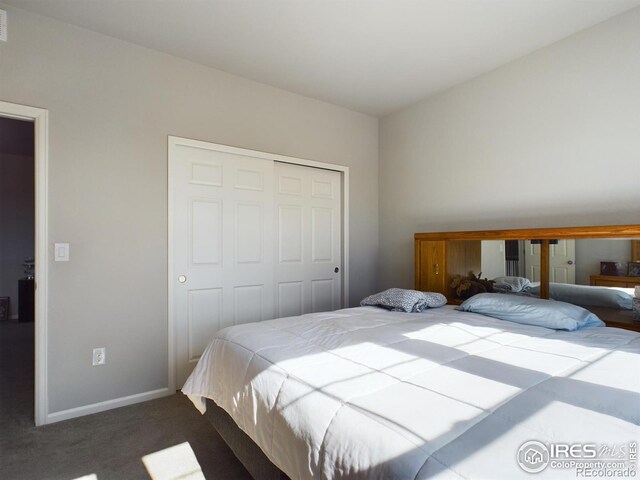 bedroom featuring baseboards, dark colored carpet, and a closet