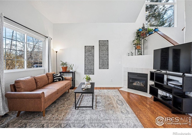 living area featuring a fireplace, baseboards, and wood finished floors