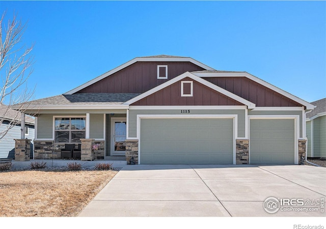 craftsman inspired home featuring a garage, driveway, stone siding, roof with shingles, and covered porch