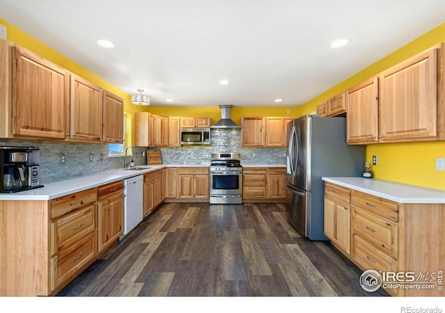 kitchen with dark wood-style flooring, light countertops, appliances with stainless steel finishes, a sink, and wall chimney range hood