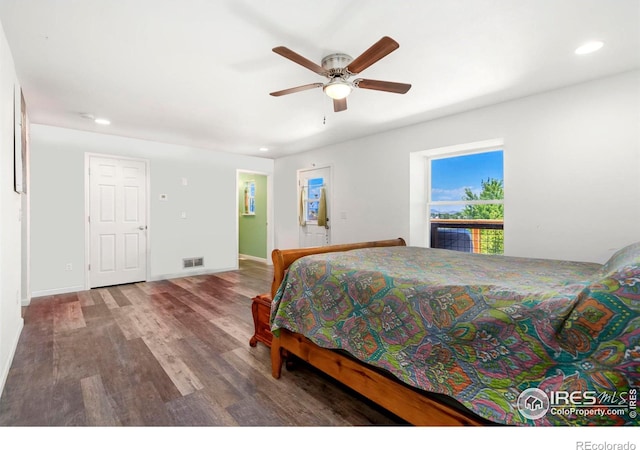 bedroom with baseboards, visible vents, ceiling fan, wood finished floors, and recessed lighting