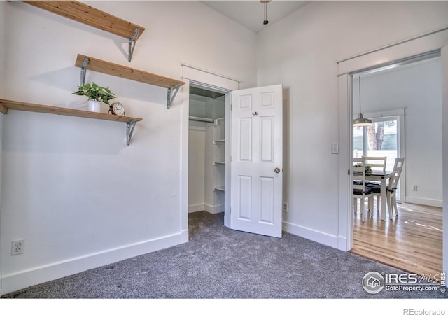 unfurnished bedroom with carpet floors, a spacious closet, and baseboards