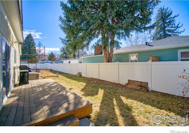 view of yard featuring a fenced backyard and a wooden deck