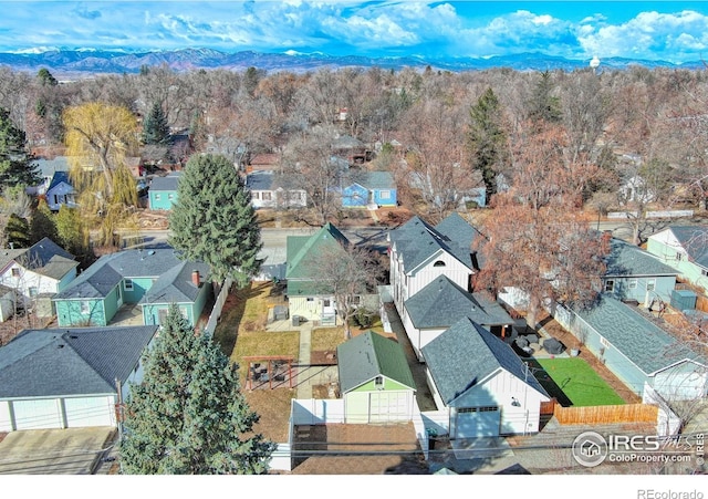 birds eye view of property with a mountain view and a residential view