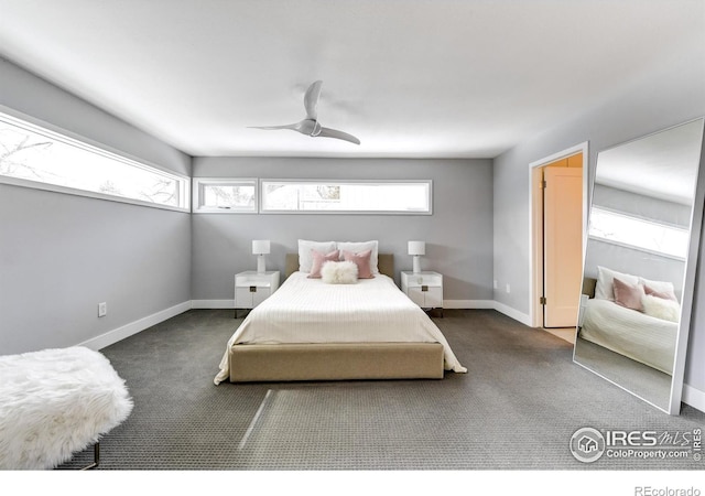 bedroom featuring carpet, baseboards, and ceiling fan