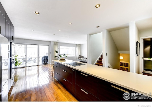 kitchen featuring light wood-style flooring, modern cabinets, light countertops, and black electric stovetop