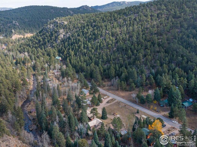 drone / aerial view featuring a wooded view and a mountain view