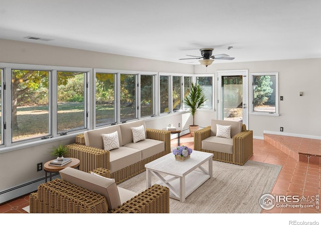 sunroom featuring visible vents, ceiling fan, and baseboard heating