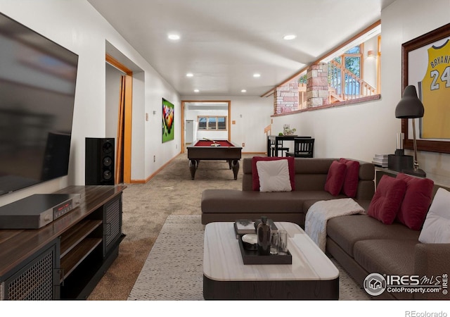 living area featuring carpet floors, recessed lighting, billiards, and baseboards