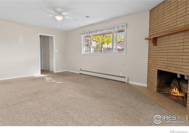 unfurnished living room with a fireplace, carpet flooring, visible vents, baseboards, and baseboard heating