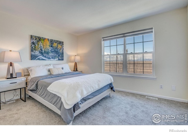 bedroom featuring carpet floors, visible vents, and baseboards