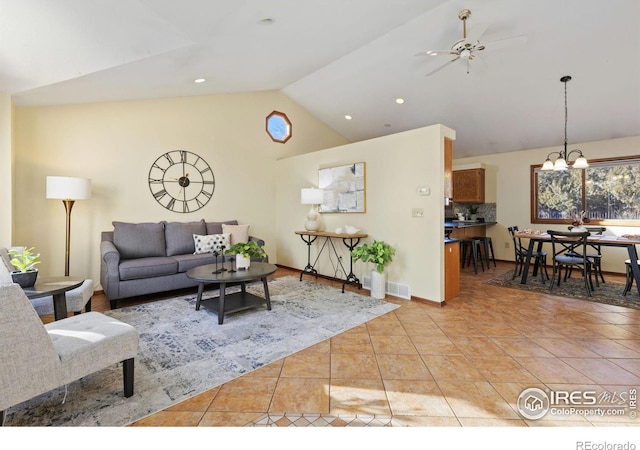 living room featuring light tile patterned floors, lofted ceiling, recessed lighting, visible vents, and baseboards