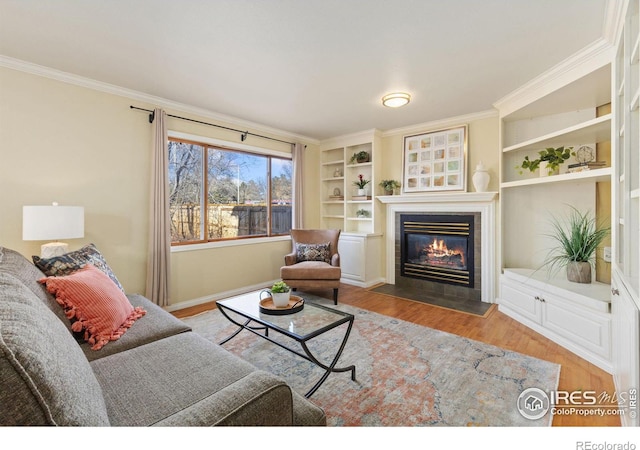 living room with ornamental molding, a fireplace, and wood finished floors