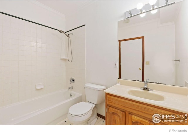 full bathroom with toilet, tile patterned flooring, crown molding, vanity, and shower / bathing tub combination