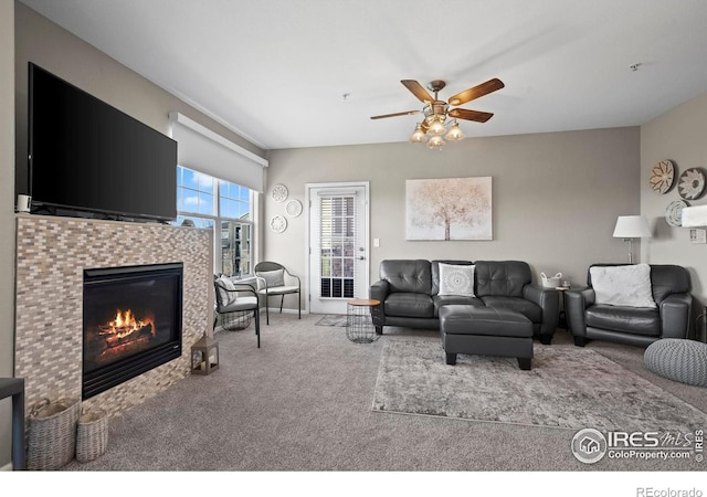 living area with carpet, a fireplace, and ceiling fan