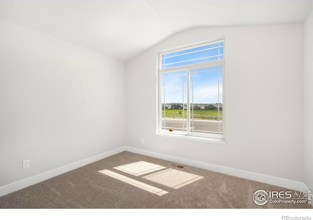 6997 Feather Reed Dr, Wellington, CO 80549 - spare room with carpet flooring, lofted ceiling, and baseboards