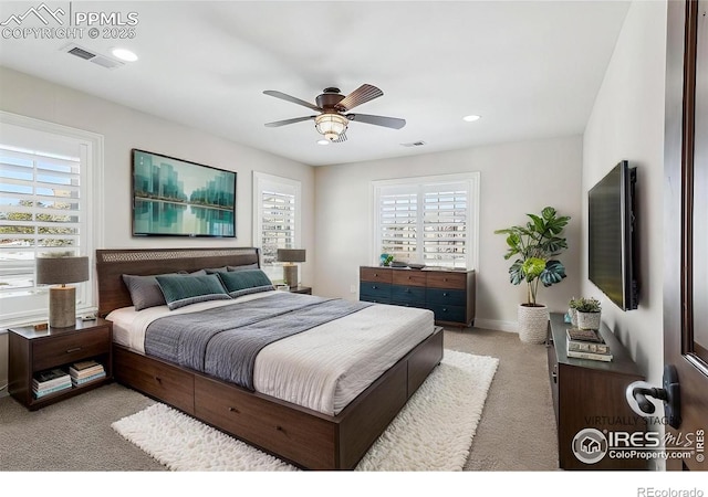 bedroom featuring carpet, recessed lighting, visible vents, ceiling fan, and baseboards