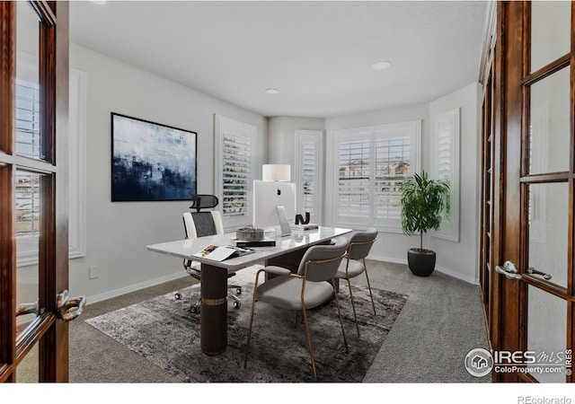 office area with carpet flooring, baseboards, and recessed lighting