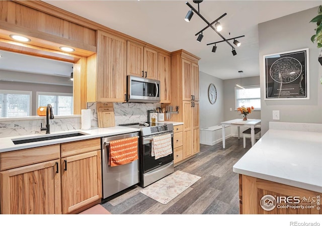 kitchen with appliances with stainless steel finishes, dark wood-style flooring, a sink, light countertops, and backsplash