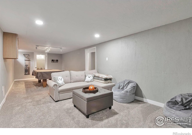 carpeted living area featuring billiards, baseboards, and recessed lighting