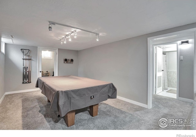 playroom with track lighting, carpet flooring, billiards, and baseboards