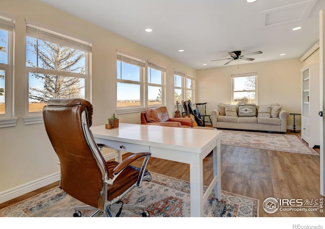 office featuring attic access, recessed lighting, baseboards, and wood finished floors