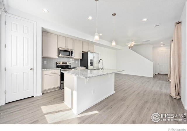 kitchen with decorative backsplash, an island with sink, appliances with stainless steel finishes, light wood-style floors, and a sink