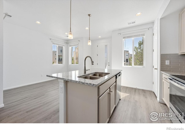 kitchen featuring appliances with stainless steel finishes, light wood-type flooring, a sink, and backsplash