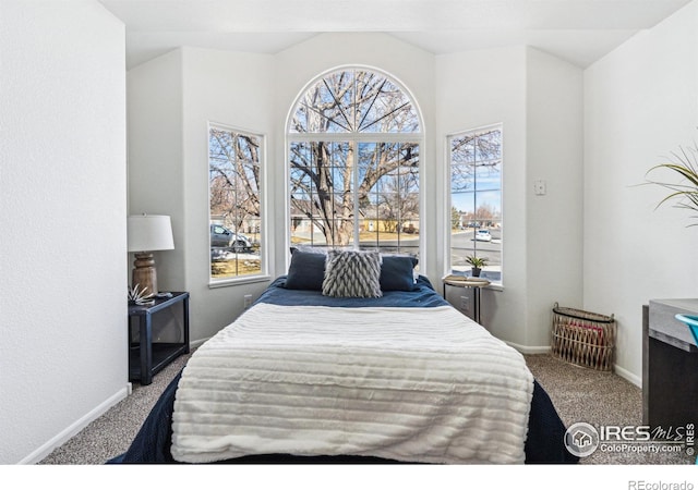 carpeted bedroom featuring multiple windows, baseboards, and vaulted ceiling