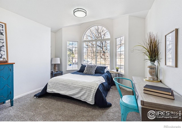 bedroom featuring vaulted ceiling, carpet flooring, and baseboards