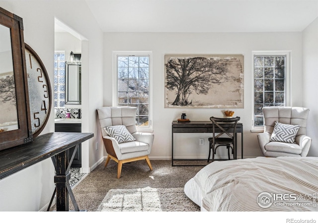 bedroom with carpet, baseboards, and connected bathroom