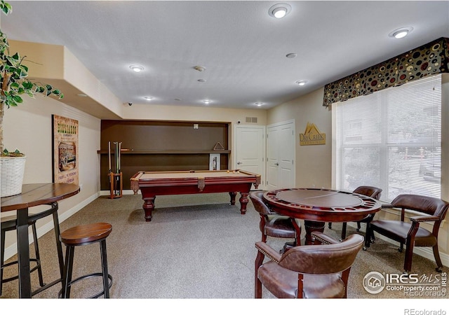 game room with carpet floors, pool table, visible vents, and baseboards