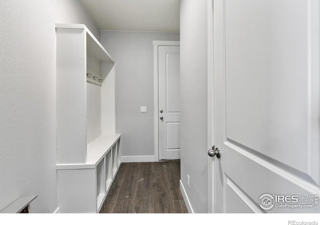 mudroom featuring baseboards and dark wood-type flooring