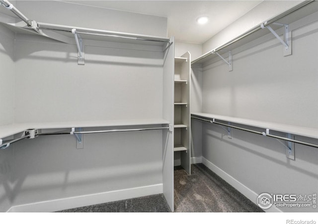 walk in closet with dark carpet