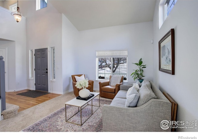 living area with a towering ceiling, baseboards, and wood finished floors