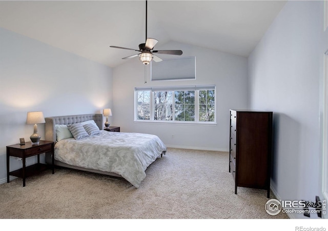 bedroom with light carpet, baseboards, a ceiling fan, and lofted ceiling