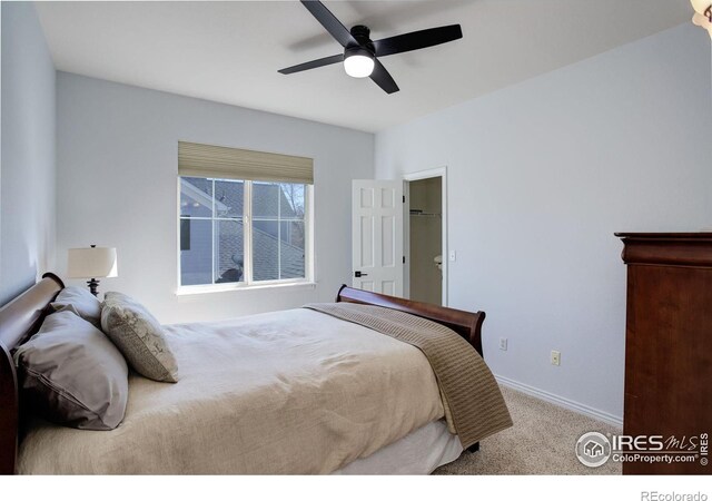 bedroom featuring carpet floors, ceiling fan, and baseboards