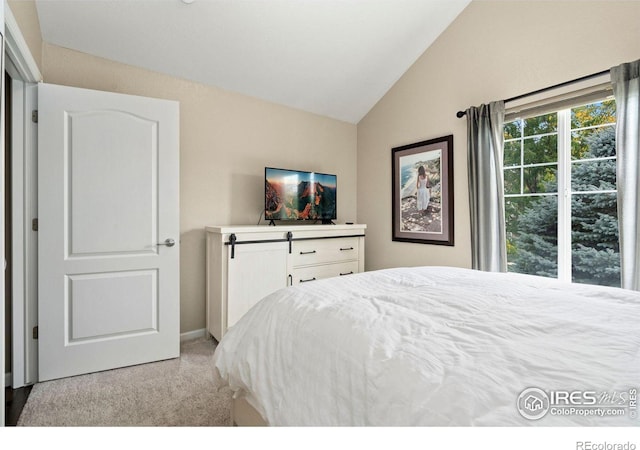 bedroom featuring carpet floors and vaulted ceiling