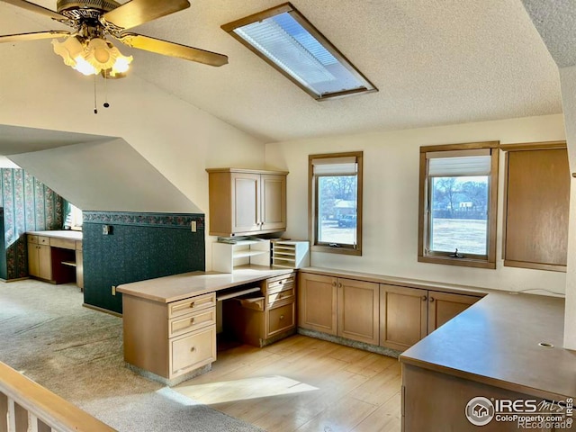 kitchen with vaulted ceiling with skylight, a ceiling fan, light wood-style flooring, and a textured ceiling