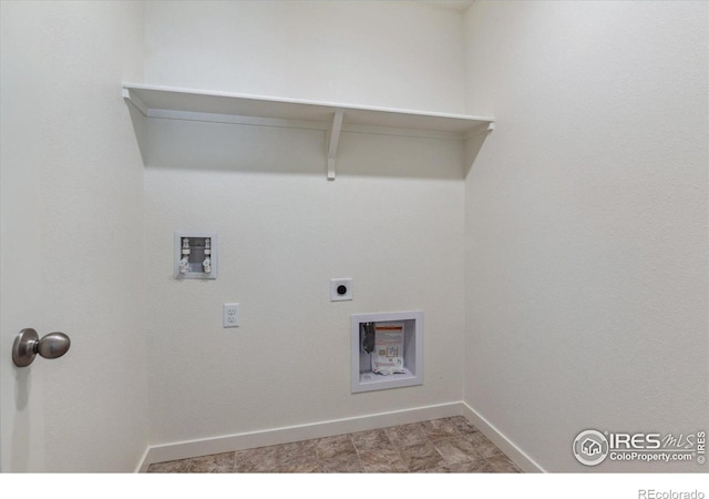 washroom featuring laundry area, hookup for an electric dryer, hookup for a washing machine, and baseboards