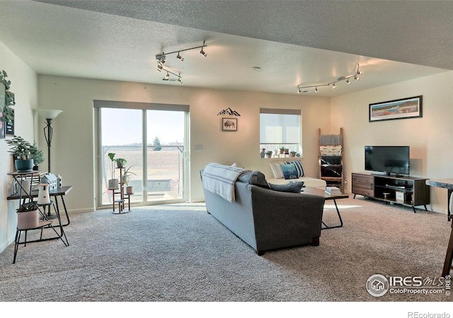 carpeted living room with a textured ceiling, rail lighting, and baseboards