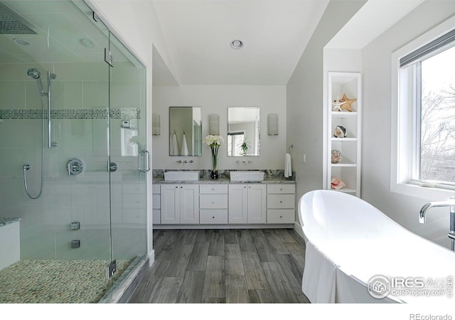 bathroom featuring a stall shower, plenty of natural light, and a sink