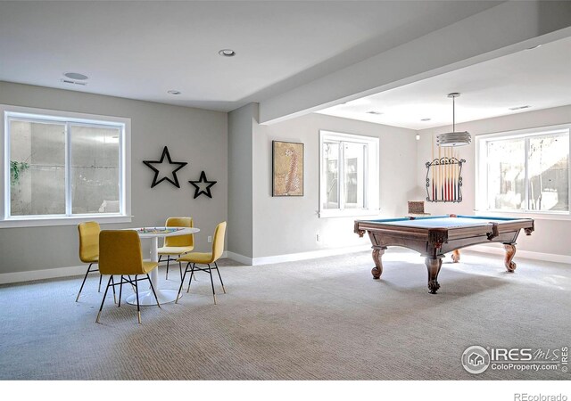 playroom with carpet, recessed lighting, visible vents, billiards, and baseboards