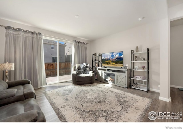 2719 Tallgrass Ln, Berthoud, CO 80513 - living room with wood finished floors, baseboards, and a glass covered fireplace
