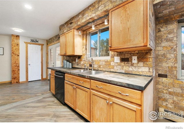 kitchen featuring tasteful backsplash, dark countertops, black dishwasher, and a sink