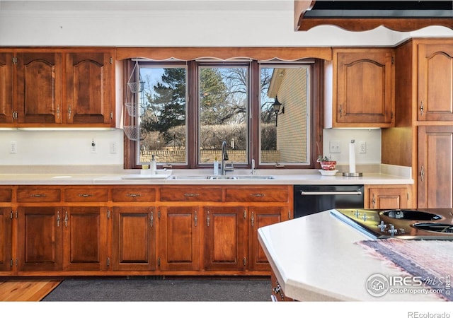 kitchen with dishwasher, light countertops, a sink, and brown cabinets