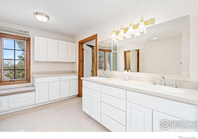 full bathroom with double vanity, a sink, and crown molding